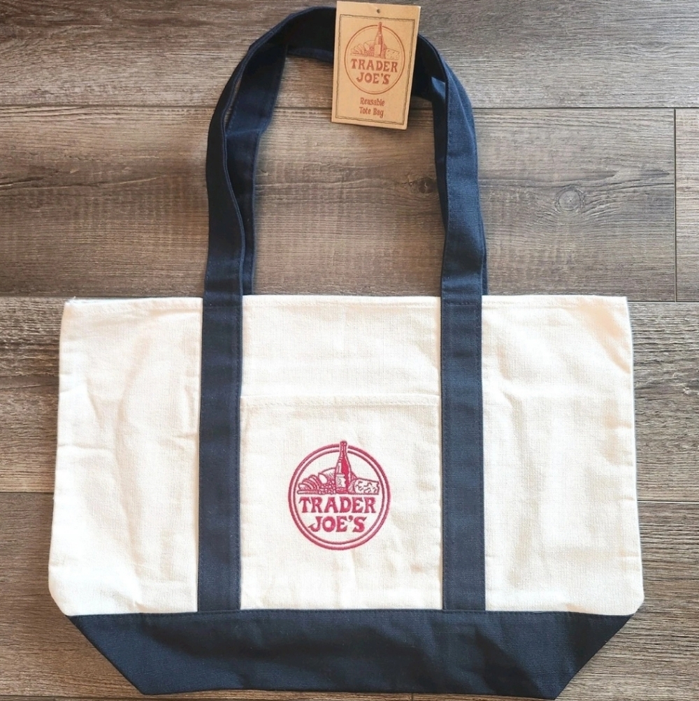 Trader Joe's NWT Ivory Eco-Friendly Embroidered Logo Reusable Tote Classic Viral